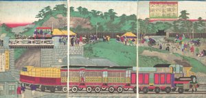 Illustrazione di una locomotiva a vapore che corre sulla ferrovia di Takanawa a Tokyo, ca. 1873 da Utagawa Kuniteru