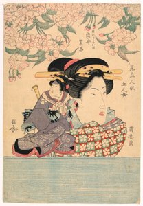 Pentittico: Cinque ragazze con marionette teatrali da Utagawa Kuniyasu