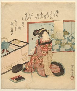 Donna in attesa appoggiata a un tubo da Utagawa Kuniyasu