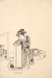 Giovane donna che si china su una lampada alta da Utagawa Kuniyasu