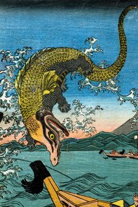 La lotta di Asahina Yoshihide con due coccodrilli nel mare al largo di Kamakura Kotsubo da Utagawa Kuniyoshi
