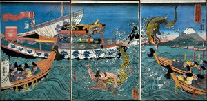 La lotta di Asahina Yoshihide con due coccodrilli nel mare al largo di Kamakura Kotsubo