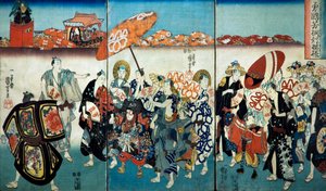 Il coraggioso Kuniyoshi con il suo disegno di Paulownia, 1848 da Utagawa Kuniyoshi