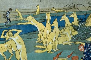 Volpi Comiche che Praticano il Cambiamento di Forma (Dōke kitsume henge no keiko), c.1842 da Utagawa Kuniyoshi