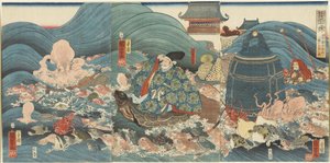 Il Dio Drago che ricompensa Hidesato con tre doni, aprile 1858 da Utagawa Kuniyoshi