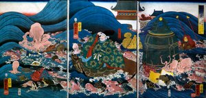 Il re drago del palazzo del drago presenta tre doni a Tawara Tōda Hidesato