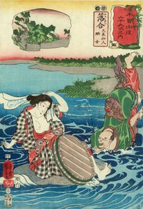 Kume Sennin cade in un fiume alla vista di una donna a seno nudo accovacciata su una roccia