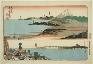 Nihonbashi, Shinagawa, Kawasaki e Kanagawa, dalla serie "Luoghi famosi sulle cinquantatré stazioni del Tokaido, quattro stazioni (Tokaido gojusan eki yonshuku meisho)" da Utagawa Kuniyoshi