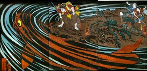 Oniwaka-maru sta per attaccare la carpa mostruosa da Utagawa Kuniyoshi