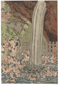 Pellegrini alla cascata di Roben a Oyama, firmato Ichiyusai Kuniyoshi, pubblicato da Azumaya Daisuke, sigillo kiwame, trittico Oban tate-e da Utagawa Kuniyoshi