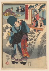 Monaco viaggiatore in un paesaggio innevato guarda una stanza con donna e bambino da Utagawa Kuniyoshi