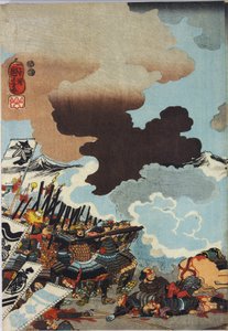Foglio di una stampa a blocchi di legno a colori intitolata Eiroku yonnen kugatsu yokka Kawanakajima kassen ni Yamamoto Kansuke nyūdō no uchijini no zu da Utagawa Kuniyoshi