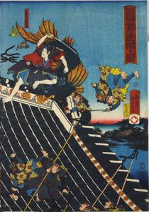 Foglio da un trittico di xilografie a colori, intitolato Hōryūkaku shō no zu che raffigura una scena dall