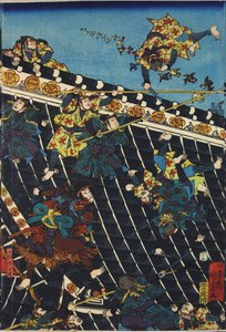 Foglio da un trittico di stampe a blocchi di legno a colori, intitolato Hōryūkaku shō no zu raffigurante una scena dall
