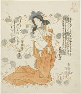 Donna che tiene un ventaglio in bocca da Utagawa Kuniyoshi