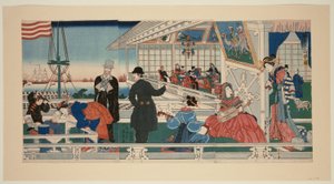 Un edificio mercantile americano a Yokohama (Yokohama ijin shokan no zu) da Utagawa Sadahide