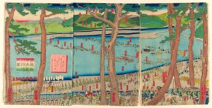 Processione di Minamoto no Yoritomo attraverso il fiume Oi (Minamoto Yoritomo ko Oikawa gyoretsu zu) da Utagawa Sadahide