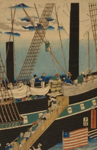 Commercianti occidentali caricano merci a Yokohama, 1861