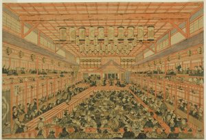 Immagine prospettica di un teatro Kabuki da Utagawa Toyoharu