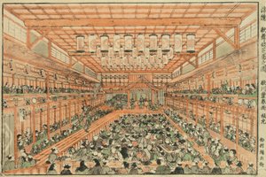Immagine prospettica di un teatro Kabuki da Utagawa Toyoharu