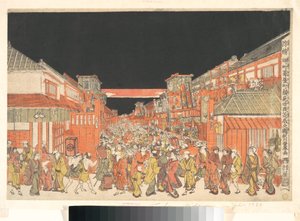 Stampa prospettica (Uki-e) dei teatri di Sakaichō e Fukiyachō la sera dell