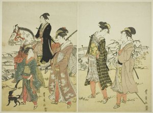 Gruppo di falconieri vicino al fiume da Utagawa Toyohiro