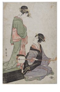 Due Bijin, uno con Samisen, periodo Edo