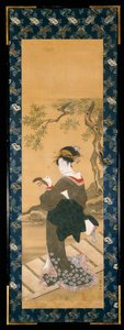 Ritratto a figura intera di una donna che accorda il suo shamisen su una veranda da Utagawa Toyokuni