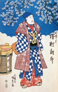 Attore giapponese in kimono con sfondo decorato con fiori di melo da Utagawa Toyokuni