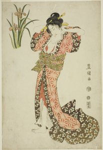 Iris: bellezza che si sistema i capelli, da una serie senza titolo di bellezze e fiori da Utagawa Toyokuni I