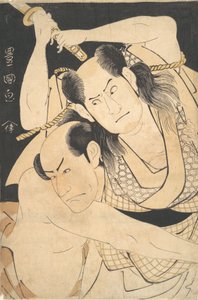 Gli attori Sawamura Sojuro III che tiene la spada in alto e Arashi Shichigoro III come combattente, ca. 1798