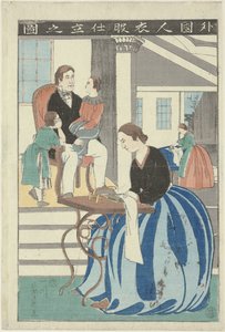 Donna occidentale dietro una macchina da cucire da Utagawa Yoshikazu