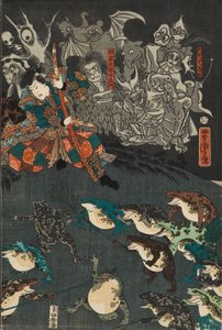 Nikushi lo spirito della rana evoca una battaglia magica di rane a Tateyama nella provincia di Etchu, 1864 da Utagawa Yoshitora