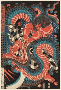 Kintarō che lotta con un serpente da Utagawa Yoshituya