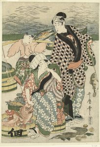 Vista del mercato del pesce sulla spiaggia di Shiba da Utamaro (II) , Kitagawa