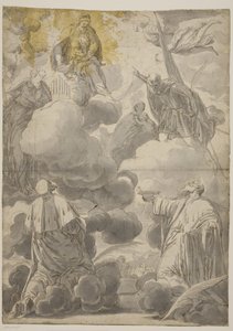 La Vergine e il Bambino tra le nuvole circondati da angeli e santi Cosma e Damiano, Cecilia, Secondo e Marina da Valentin Lefèvre