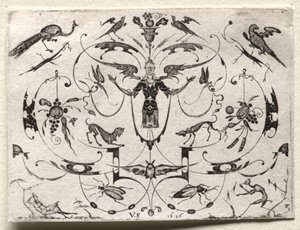 Arabesco con pavone, parrocchetto, cani e insetti, 1626 da Valentin Sezenius