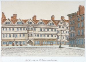Veduta di Staple Inn e degli edifici di Middle Row al centro di Holborn, Londra, 1850