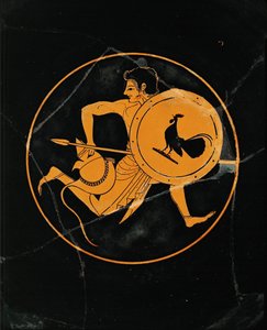 Hoplite in corsa, con scudo, lancia ed elmo ... da Vasepainter Skythos