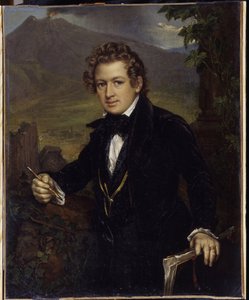 Ritratto del pittore Karl Pavlovich Briullov (1799-1852). Rappresentato davanti a un vulcano, il pittore tiene una matita e il suo cartone da disegno. da Vasili Andreevich Tropinin