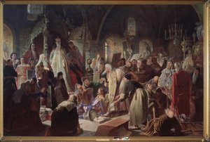 Il pope vecchio credente Nikita Poustosviat dibattendo con il patriarca di Mosca, Joachim, sulla questione della Fede in presenza della reggente Sofia Alexeievna Romanova