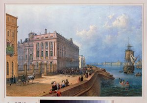 Veduta del molo della Neva e del palazzo di marmo a San Pietroburgo