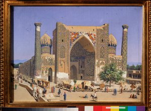 La madrasa Sherdor (la porta dei leoni) sulla piazza del Registan a Samarcanda (Uzbekistan) - Dipinto di Vasili Vasilyevich Vereshchagin (1842-1904), olio su tela