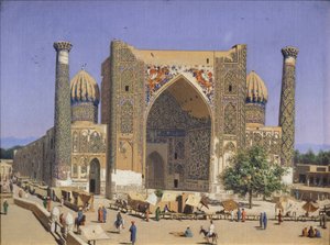La madrasa Sherdar in Piazza Registan a Samarcanda, 1869-1870