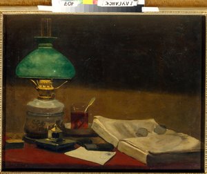 Natura morta (Libro, lampada da tavolo, occhiali e tazza di tè)