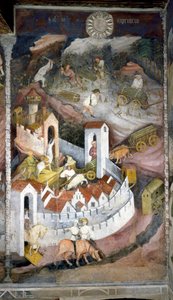 Dicembre: i boscaioli raccolgono la legna e la riportano nella città di Trento dove sono rappresentati il muro e il castello del Buonconsiglio