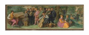 Un concerto pastorale, con figure eleganti che suonano un citterio, un clavicordo, un violino, un cornetto, un trombone e un violoncello da Venetian School