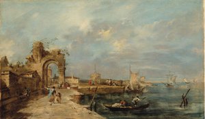 Capriccio, con arco in rovina e porto da Venetian School