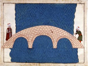 Costantinopoli. Ponte di Galata. Miniatura da "Memorie Turchesche" (codice Cicogna 1971) Acquerello della scuola veneziana del XVII secolo.