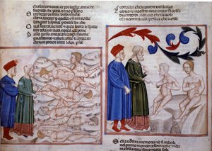 Dante e Virgilio a colloquio con Grifolino di Arezzo e Capocchio di Siena. XIV secolo (miniatura) da Venetian School